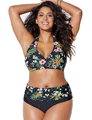 Chuangminghangqi - Bikini acolchado de cintura alta, tallas grandes, traje de baño de dos piezas, estampado y bordado, para natación y playa 382-verde