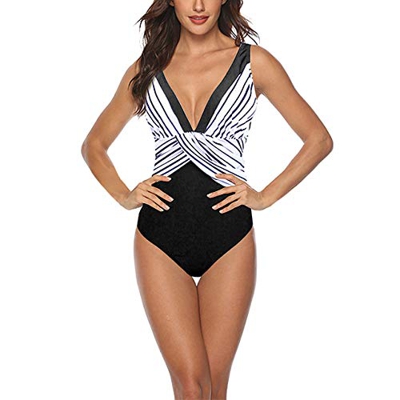 Bañador de Mujer Bikini Natacion Traje de Baño Una Pieza Rayas de Costura en Blanco y Negro Cuello en V Profundo Bañador Mujer (2XL)