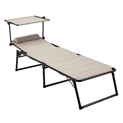 AmazonBasics - Tumbona de aluminio plegable de tres patas con toldo, acolchado de secado rápido, envoltura de chal, 5 posiciones ajustables, beige
