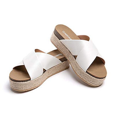 Sandalias Mujer Alpargatas Cuña Plataforma Chanclas Verano Playa Zapatillas de Cinturón Cruzado Punta Abierta Tacón 5.3 cm 1-Blanco EU39