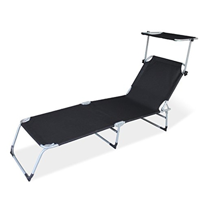 HG® Negro Jardín plegable césped con techo solar Cama solar Camping 189cm Cargable 110kg