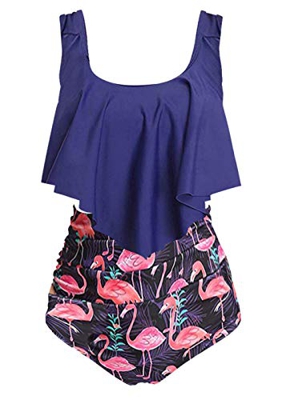 AYEEBOOY Traje de baño para Mujer Trajes de baño de Dos Piezas Conjunto de Bikini de Cintura Alta con Volantes y Control de Barriga Superior（9flamingo