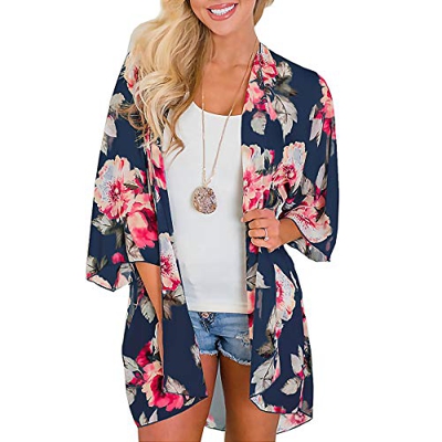 Kordear - Cárdigan de gasa floral para mujer - Chal suelto con abertura frontal con estampado de Kimono para playa, bañador de media manga, blusa bohe