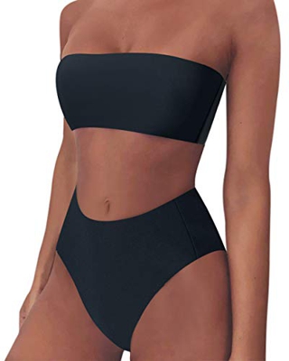 RXRXCOCO Bikini de talle alto para mujer, con estampado de leopardo, sin tirantes, para traje de baño Negro Negro ( 34-36