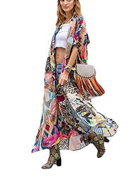 Túnica larga para mujer, de gasa, tipo kimono, cárdigan, vestido, con estampado floral, para llevar con bikini, ideal para verano Estilo 18 Talla únic en oferta
