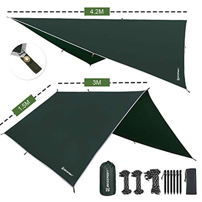 Bessport Tent Tarp Waterproof - Rain Fly Tent Tarp Light Ripstop Fabric-3M x 3M Ft, PU3000mm-Anti-UV, 6 estacas de Aluminio + 8 líneas Individuales, p