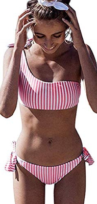 CheChury Bikini Mujer Moda Conjuntos De Bikini Rayas Talle Alto Retro Brasileños Mujer Sexy Traje De Baño Cuello Halter Strapless Off Shoulder Push-Up