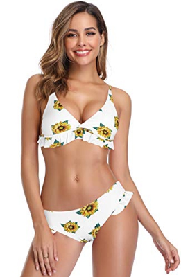 SHEKINI Mujer Bikini Sexy Traje de Baño de Dos Piezas Cintura Baja Pantalones de Baño Encaje (XL, Flores Blancas)