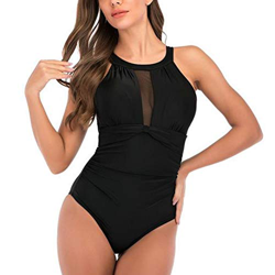 CAMEL Traje de Baño Bañador de Una Pieza Mujer Cuello Alto Malla Fruncida Bañador Control de Barriga Beachwear Bikini Negro en oferta