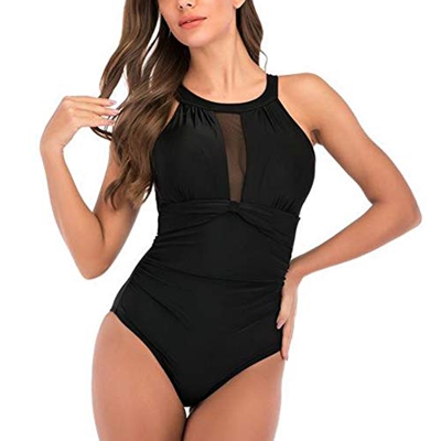 CAMEL Traje de Baño Bañador de Una Pieza Mujer Cuello Alto Malla Fruncida Bañador Control de Barriga Beachwear Bikini Negro