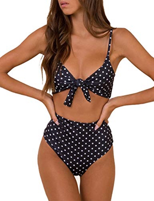 Blooming Jelly Conjunto de bikini de cintura alta para mujer - Traje de baño anudado con corbata acolchada (Lunares Negros -Medio)
