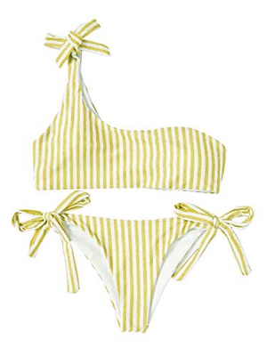 heekpek Bikini a Rayas con un Hombro Pajarita Cintura Alta Tanga Lado Anudado Bañador Atractivo de Dos Piezas