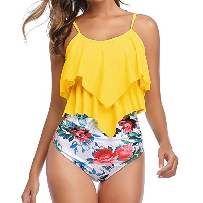 Conjunto De Traje De BañO De Cintura Alta con Volantes para Mujer Conjunto De Bikini De Tanque Vintage De Dos Piezas Trajes De BañO De NatacióN