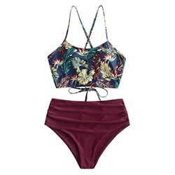 ZAFUL Tankini Set con Relleno Estampado Tirantes Anudados Braguita Talle Alto para Mujer 2019, L en oferta