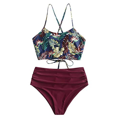 ZAFUL Tankini Set con Relleno Estampado Tirantes Anudados Braguita Talle Alto para Mujer 2019, L