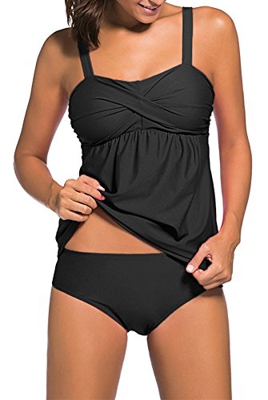 EMILYLE Conjunto de Bikini de Traje de baño de 2 Piezas para Mujer Plus Size Tankini Top con Traje de natación elástico Corto (EUR 36-38 (L), Negro)