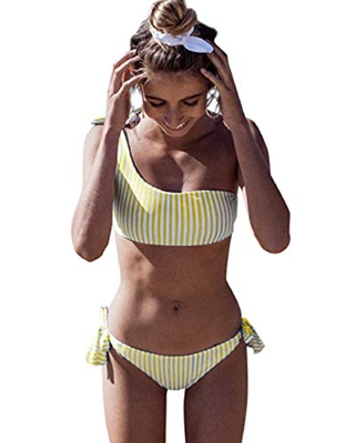 Yuson Girl Conjuntos De Bikini Rayas Talle Alto Retro Brasileños Mujer Sexy Traje De Baño Cuello Halter Strapless Off Shoulder Bra Top Bikini Push Up 