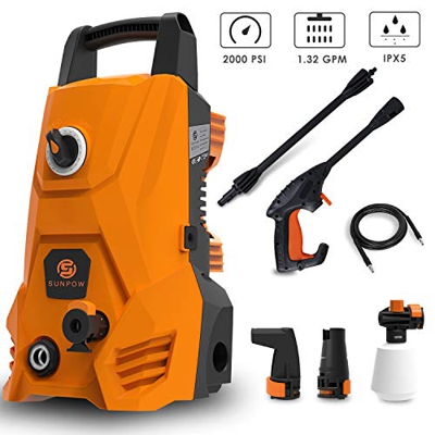 Limpiadora eléctrica de alta presión-SUNPOW Hidrolimpiadora portátil (70bar, 300L / h, 1500W) con mangueras ajustables 5,4M & 2 tipos de boquillas par