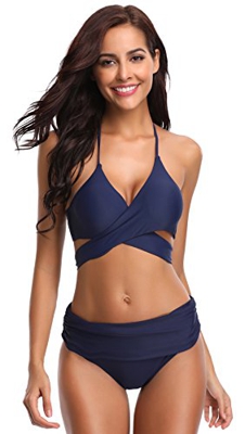 SHEKINI Bikini de Traje de baño de Colores Oscuros para Mujer Bikini de Tirantes Bikini de Cintura Alta de Dos Piezas (S, Azul Oscuro)