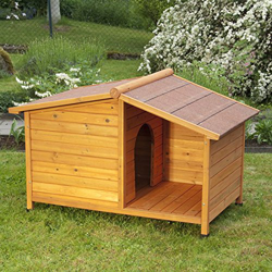 Caseta de perro de madera Resistente y atractiva caseta de madera de exterior con patio resguardado, crea un hogar especial para tu mascota.  en oferta