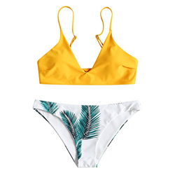 Zaful Bikini acolchado push-up para mujer con diseño de hojas Abeja amarilla. M precio