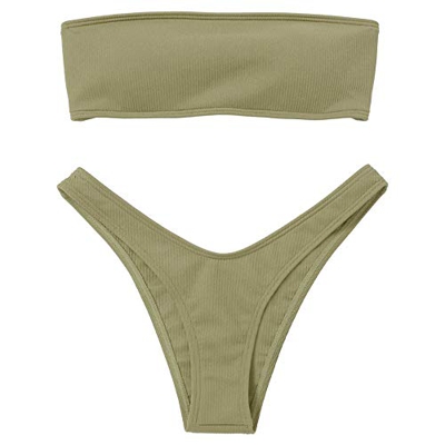 Voqeen Mujeres Sexy Bandeau Traje de baño Cuello Alto sin Tirantes Acanalado Cojín extraíble Conjunto de Bikini de Cintura Baja
