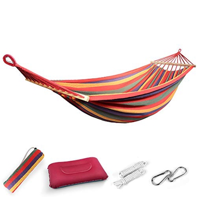 EASY EAGLE Hamaca Colgante de Tela con 80CM Travesaños de Madera, 220x160CM Hamacas Grande para Jardín Acampada Exterior, 300KG Carga, Rayas del Arco 
