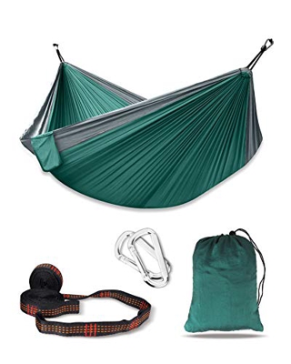 deepee Hamaca de Camping Hecho por tafetán de Nylon | 270 x 140 cm | Máxima Capacidad de Carga 300 kg | con Bolsa de Transporte | 2×Mosquetones Premiu