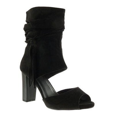 Angkorly - Zapatillas Moda Botines Sandalias Peep-Toe Abierto Sexy Mujer Tanga Fleco Talón Tacón Ancho Alto 9 CM - Negro AF-710 T 37