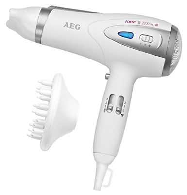 AEG HTD 5584 - Secador de pelo profesional iónico con difusor, 3 niveles de temperatura, 2 velocidades, 2200 W, color blanco y plata