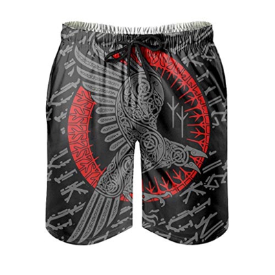 Bañador para hombre vikingo Odin Rabe Swim Trunks con estampado 3D con forro de malla, pantalones cortos ajustables, bolsillos laterales, color blanco