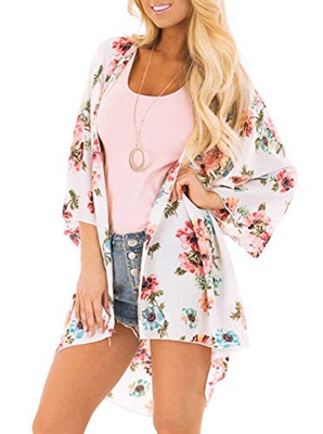 Yonhee - Chaquetas de chal floral para mujer, diseño floral, para playa, estilo boho y verano, informal, para mujer Blanco blanco L