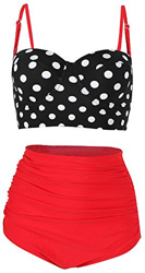 ChayChax Mujer Bikinis de Dos Piezas Conjuntos Retro Polka Punto Traje de Baño Cintura Alta, Punto Negro + Rojo, Talla L precio