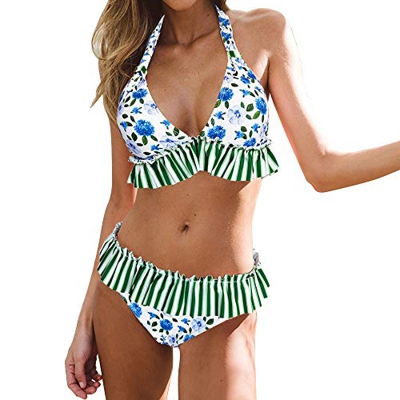 IEUUMLER Traje de Baño Sexy Bañador de Baño Conjunto de Bikini 2 Piezas Floral Halter Traje de Baño de Playa IE071 (Blue, S)