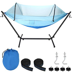 UCMDA - Hamacas jardin exterior con Mosquitero, Transpirable, Nylon de Paracaídas Secado Rápido, Hamaca Ultraligera con soporte (275×140cm, azul/Armad en oferta