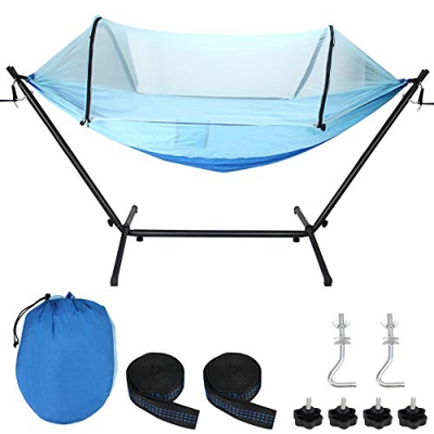 UCMDA - Hamacas jardin exterior con Mosquitero, Transpirable, Nylon de Paracaídas Secado Rápido, Hamaca Ultraligera con soporte (275×140cm, azul/Armad