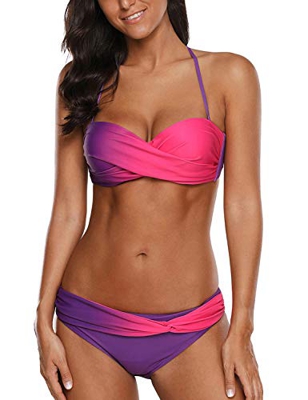 Voqeen Mujer Gradiente Cuello Halter Sin Tirantes Bikini Bandeau Delantero De Giro Traje de baño