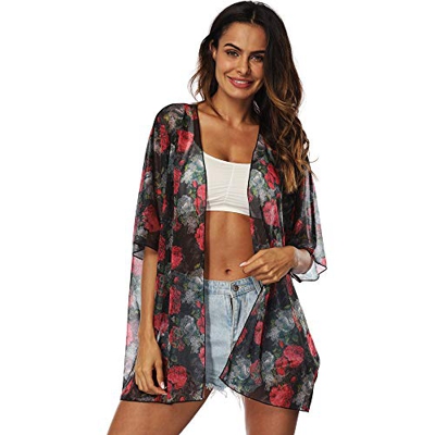 Voqeen Mujer Gasa Chal Impresión Cárdigan Floral Boho Verano Cubrir Blusa Ropa de Playa