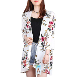 Digitek Direct - Chal de gasa para mujer con estampado floral de gasa, kimono, para cubrir boho de verano, blusa informal de playa, traje de baño Blan características