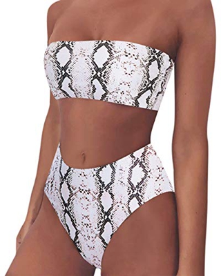 RXRXCOCO Bikini de talle alto para mujer, con estampado de leopardo, sin tirantes, para traje de baño Gris gris 34-36