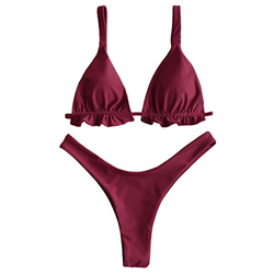ZAFUL Mujer Sexy Volantes Bikini High Cut Tanga Traje de baño de dos piezas borgoña L precio