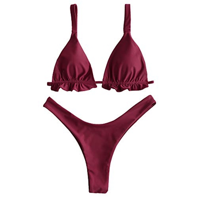 ZAFUL Mujer Sexy Volantes Bikini High Cut Tanga Traje de baño de dos piezas borgoña L