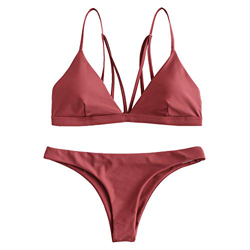 Zaful - Bikini para mujer con tirantes finos, acolchados, tanga marrón S características