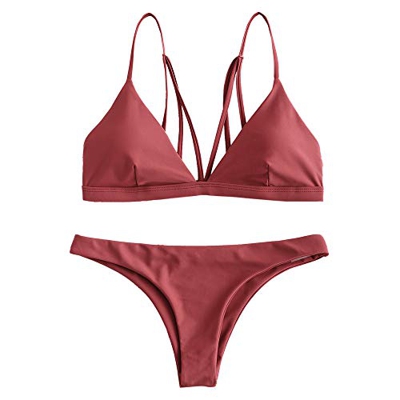 Zaful - Bikini para mujer con tirantes finos, acolchados, tanga marrón S