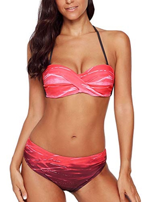 Voqeen Mujer Gradiente Cuello Halter Sin Tirantes Bikini Bandeau Delantero De Giro Traje de baño