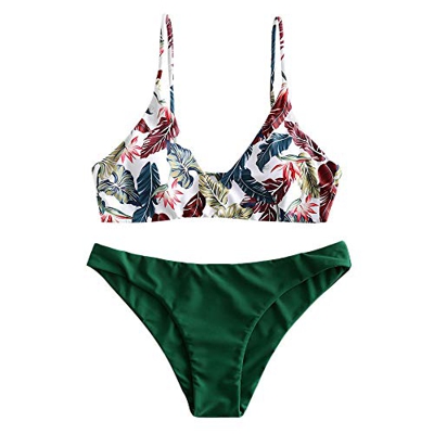 ZAFUL - Traje de baño para mujer con tirantes de espagueti, triángulo tropical hojas verde S