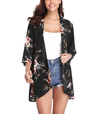 Aibrou Mujer Chal Flojo Cárdigan Kimono Florales, Manga 3/4 Tops Blusa Floral Suelta Casual Boho Style Capas(Negro XXL)