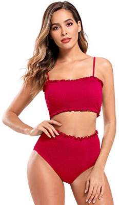 SHEKINI Conjunto de Bikini Bandeau Fruncido para Mujer Traje de baño Fruncido de Dos Piezas Traje de baño de Bikini de Cintura Alta (XL, Rojo Cereza)
