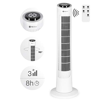 Tecvance LP-0432A Ventilador de Torre con Mando a Distancia-Extra Silencioso y Oscilante 90 ° -3 Niveles de Velocidad y Temporizador-Blanco, 1 unidad