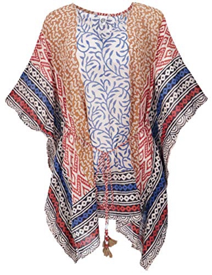 Guru-Shop - Poncho hippie de kaftán, túnica, poncho blusa, poncho de playa, para mujer, color blanco, algodón, talla única azul y multicolor Tallaúnic